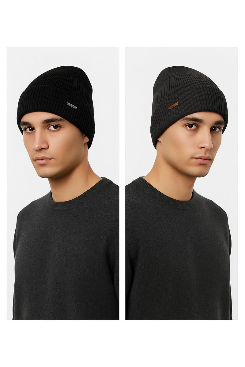 GRAFFY Store Woolen Cap for Men and Women | Winter Woolen with Soft Fur Inside | Free Size Warm Beanie Hat for Winter | Black & Grey Woolen Cap for Men & Women - Image 3