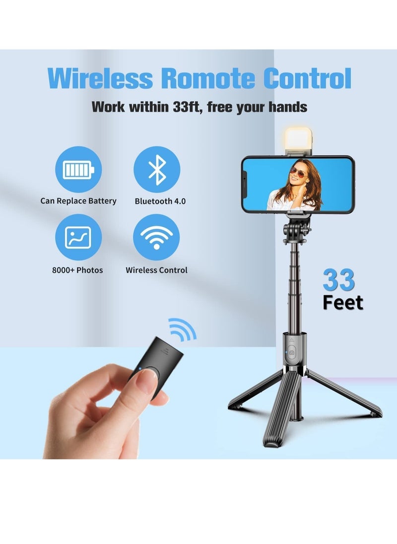 40" Lighted Selfie Stick Tripod, Bluetooth Remote, 3 Light Modes, 6 Brightness Levels, Portable, Compatible with All iPhone & Andriod Devices