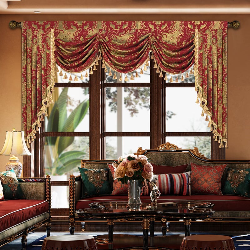 Loom and Mill Luxury Waterfall Valance for Living Room Classic Damask Jacquard Swag Valances with Tassels Red Swag Curtains for Bedroom Windows Banquet Christmas Decor Rod PocketW79Inch1 Panel