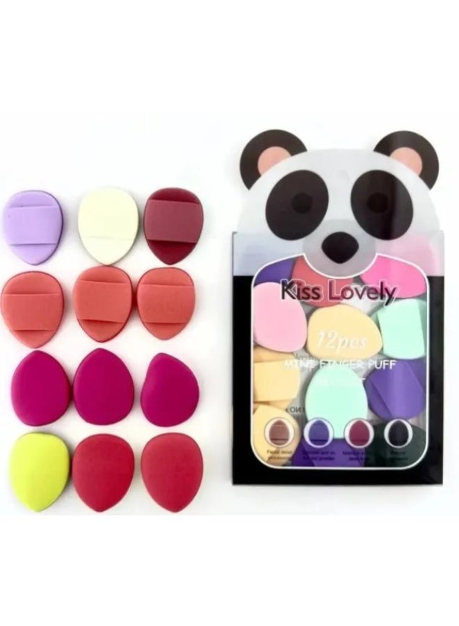 12 pcs Kiss Lovely Mini Finger" makeup sponges or powder puffs, packaged in a panda-themed design. These are small, multi-colored sponges designed for precise makeup application, especially for areas that are hard to reach - Image 1