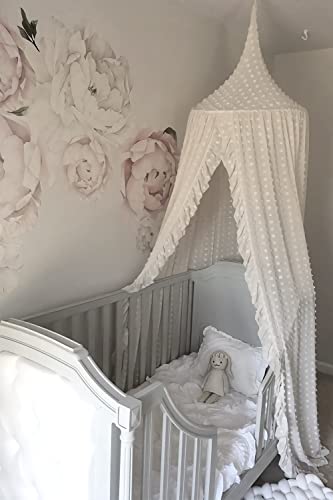 Wonder Space Elegant Kids Bed Canopy - Lace Chiffon Netting with Pom Pom, Princess Girls Fairy Dream Tent, Nursery Room Baby Crib Hanging Curtain Mosquito Net Children Reading Nook Decoration (White) - Image 2