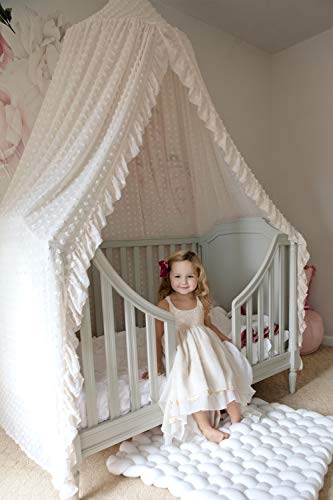 Wonder Space Elegant Kids Bed Canopy - Lace Chiffon Netting with Pom Pom, Princess Girls Fairy Dream Tent, Nursery Room Baby Crib Hanging Curtain Mosquito Net Children Reading Nook Decoration (White) - Image 4