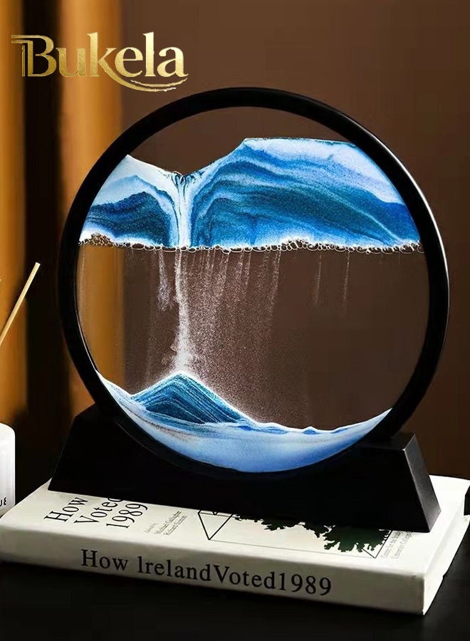 كيلا لوحة فنية رملية متحركة، عرض ثلاثي الأبعاد لحركة الرمال البحرية، إطار رملي متدفق، رفوف كتب فنية لسطح المكتب، ديكور مكتب منزلي (12 بوصة، أزرق) - Image 1