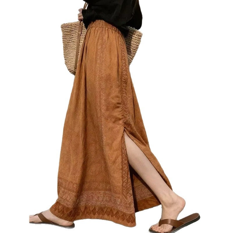Women's Ethnic Style Coffee Printed Split Midi Skirt - Image 3