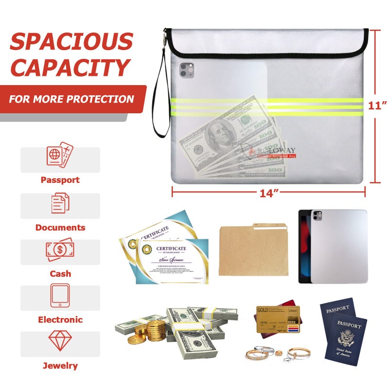 ROLOWAY Fireproof Document Bag (14 x 11 inch) with 5200â„‰ Upgraded Aluminum Foil Layer, Fireproof Bag for Documents with Reflective Strip and Zipper (Silver) - Image 5