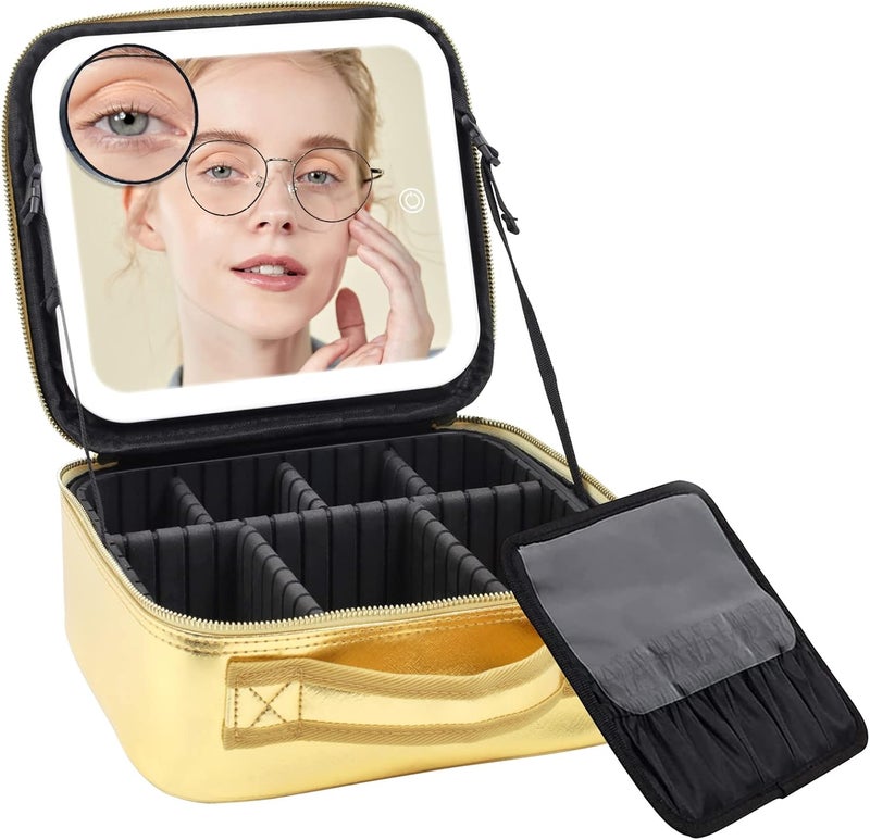 RRtide Makeup Case with Mirror and Lights, Travel Makeup Bag with Light up Mirror, Partitionable Cosmetic Bag with 3 Color Lights, Make up Organizer with Adjustable Dividers Large Brush Board