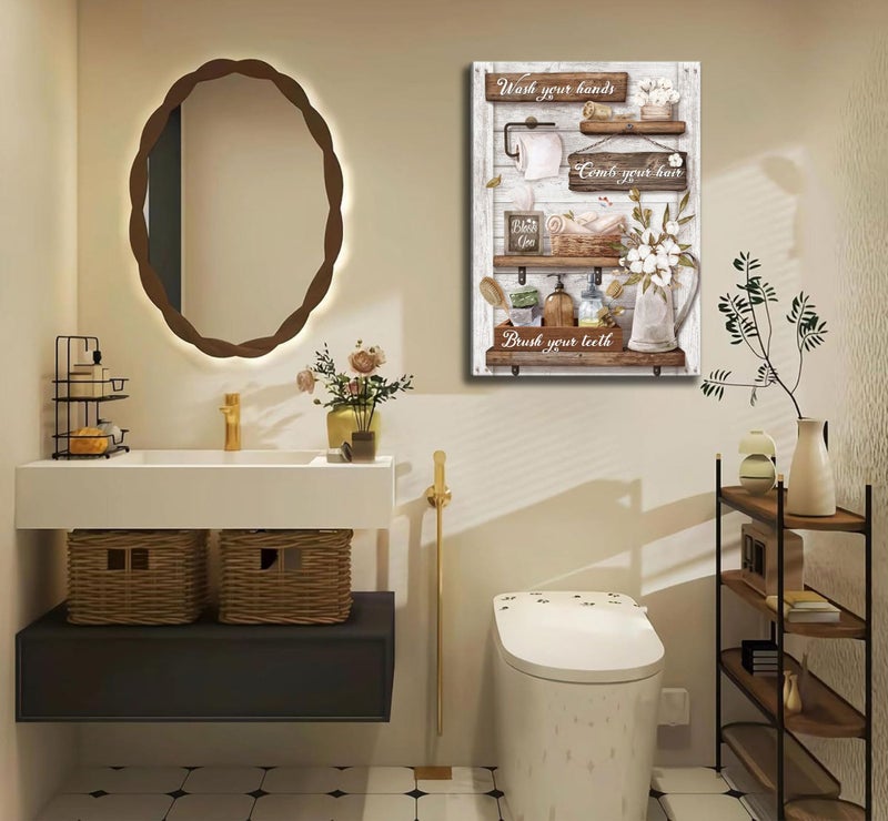 AKOTAC Funny Bathroom Canvas Wall Art.Retro Cotton floral Painting Picture Wall Decor. Modern Rustic Farmhouse Bathroom Poster Print Artwork for Bathroom Restroom Home Decoration - Image 2
