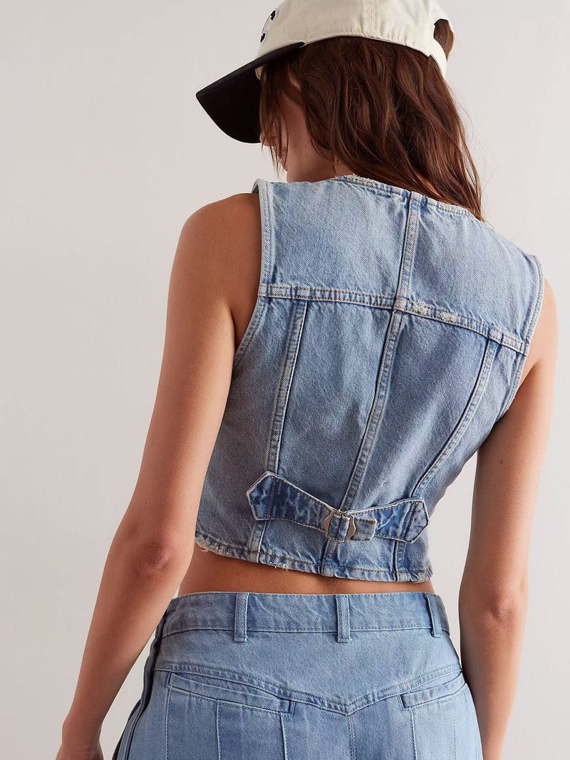 Denim Baron Vintage Washing Craft American Vintage Slim Waisted V-Neck Vest - Image 5