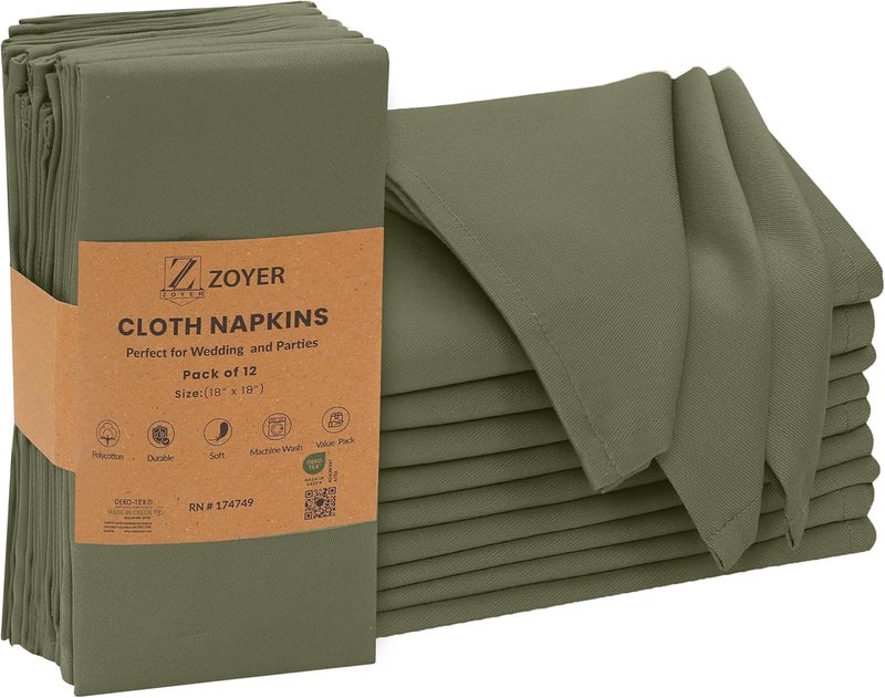 Zoyer Cloth Napkins Set of 12 18x18 Inches Cotton Enrich Napkins Cloth Washable Soft  Durable Dinner Napkins for Parties Wedding Christmas Thanksgiving  Everyday Use  Martini Olive - Image 1
