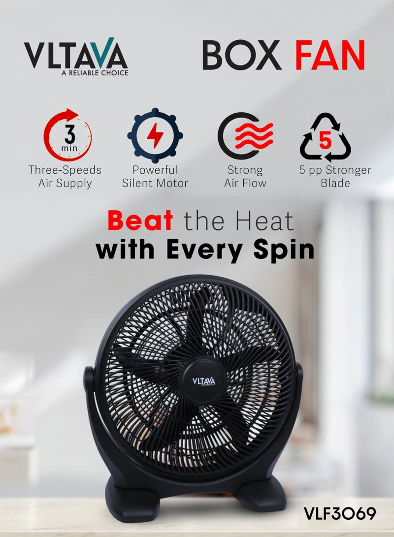 VLTAVA 18" Box Fan – 80W Silent Motor, 3-Speed Control, 5-Blade Design, 180° Adjustable Head, Stable Base, Safety Grill & Child Safe Personal Table Fan - VLF3069 - Image 3