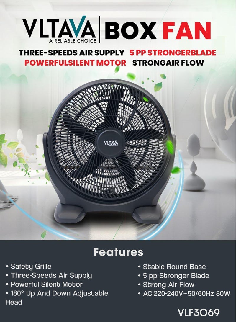 VLTAVA 18" Box Fan – 80W Silent Motor, 3-Speed Control, 5-Blade Design, 180° Adjustable Head, Stable Base, Safety Grill & Child Safe Personal Table Fan - VLF3069 - Image 5