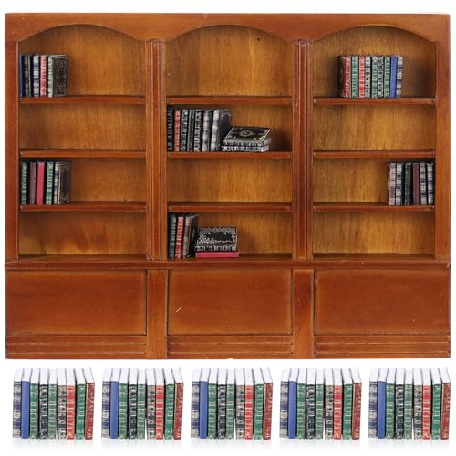 Chivertion 112 Scale Dollhouse Miniature Wooden Bookshelf with 48 Pcs Miniatures Books Mini Bookcase Tiny Books for Dollhouse Mini Library Furniture Decoration GiftBrown - Image 1