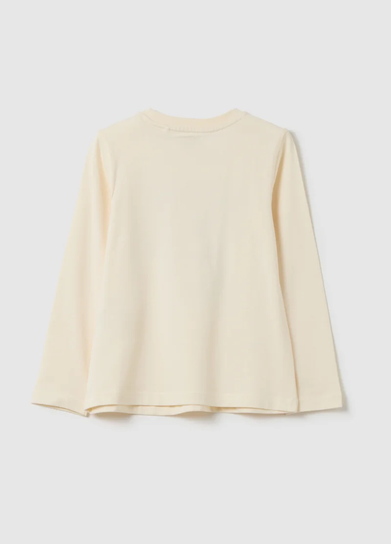 او في اس GIRLS' REGULAR FIT BEIGE PURE COTTON T-SHIRT WITH PRINT