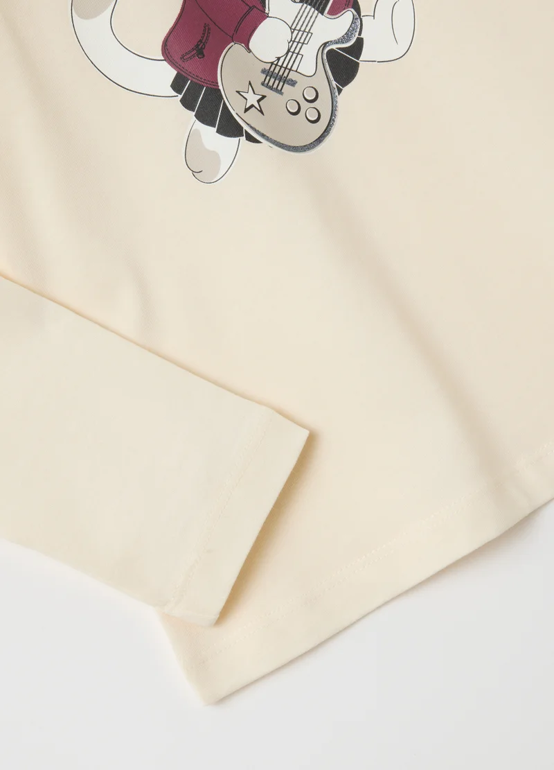 Ovs GIRLS' REGULAR FIT BEIGE PURE COTTON T-SHIRT WITH PRINT