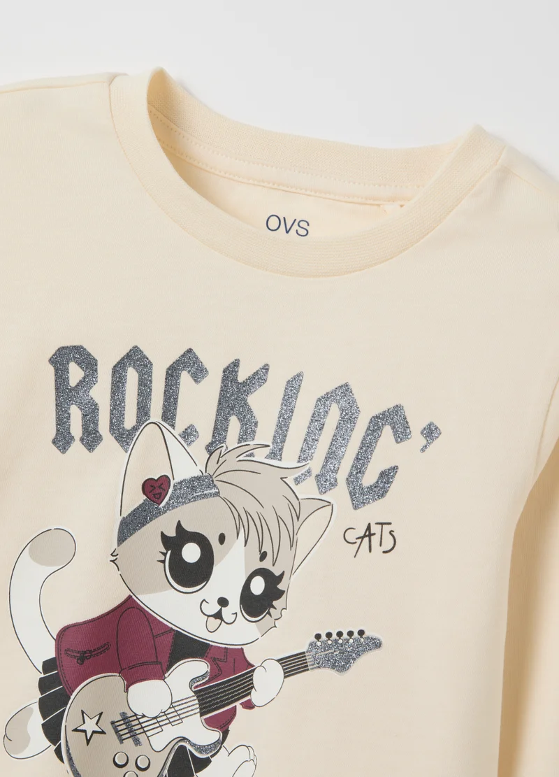 Ovs GIRLS' REGULAR FIT BEIGE PURE COTTON T-SHIRT WITH PRINT