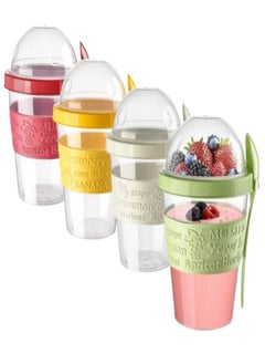 EYNEL 4 Pack Breakfast On The Go Yogurt Parfait Cups Reusable Plastic Containers with Lids and Spoons Perfect Jars for Overnight Oats Cereal Granola Oatmeal Smoothies and Snack Prep