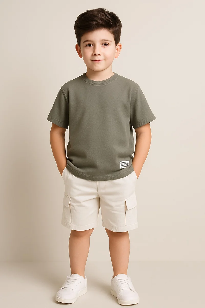 فكتور اند جين Junior Boys Textured Cotton T-Shirt - Olive Green