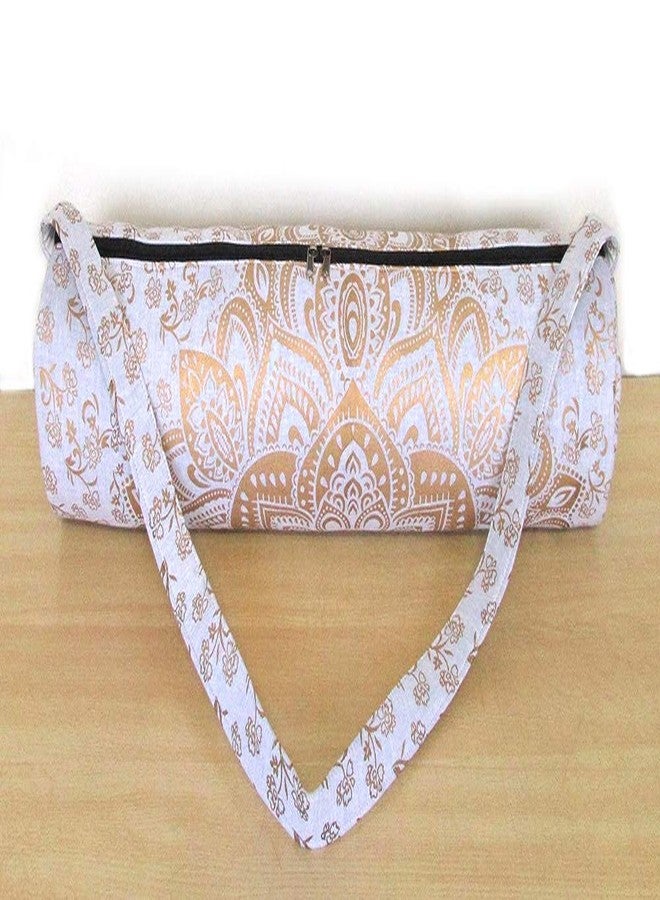 CRAFT KALA Indian Mandala Handmade Cotton Hand Full-Zip Exercise Yoga Mat Carry Bag Gym Beach Pilates Carrier Bags Hippie Mandala Indian Cotton Bag (White Gold Flower) - Image 4