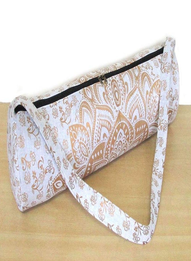 CRAFT KALA Indian Mandala Handmade Cotton Hand Full-Zip Exercise Yoga Mat Carry Bag Gym Beach Pilates Carrier Bags Hippie Mandala Indian Cotton Bag (White Gold Flower) - Image 5