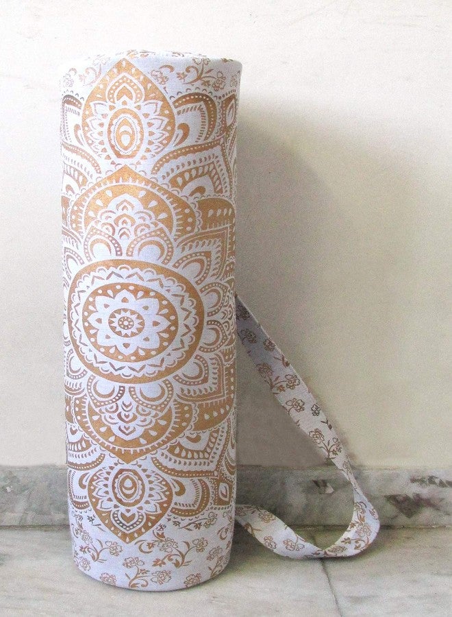 CRAFT KALA Indian Mandala Handmade Cotton Hand Full-Zip Exercise Yoga Mat Carry Bag Gym Beach Pilates Carrier Bags Hippie Mandala Indian Cotton Bag (White Gold Flower) - Image 2