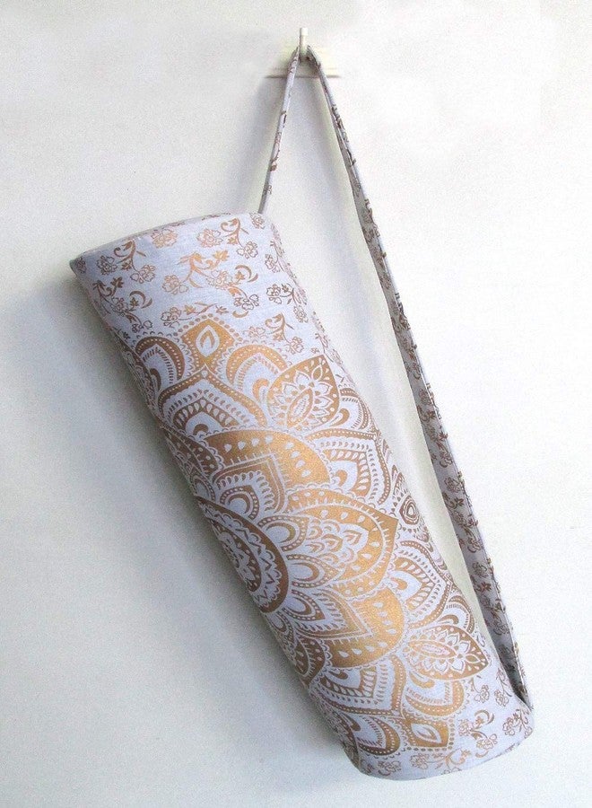CRAFT KALA Indian Mandala Handmade Cotton Hand Full-Zip Exercise Yoga Mat Carry Bag Gym Beach Pilates Carrier Bags Hippie Mandala Indian Cotton Bag (White Gold Flower) - Image 1