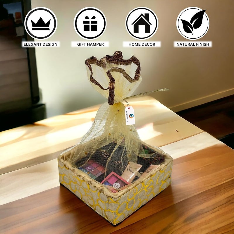 SANWALSA (Medium, 10x10x2 inch, Square) MDF Base Designer Gift Hamper Packaging Baskets with Net Cover, Gift Hamper Organiser perfect for any occasion (Beige) - Image 3