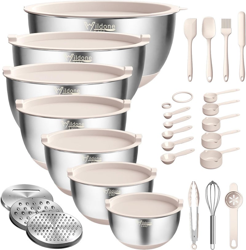 Wildone Mixing Bowls with Airtight Lids, 27 PCS Stainless Steel Nesting Bowls, with 3 Grater Attachments, Scale Mark & Non-Slip Bottom, Size 5, 4, 3, 2, 1.5, 1, 0.63QT, Ideal for Mixing & Prepping - Image 1
