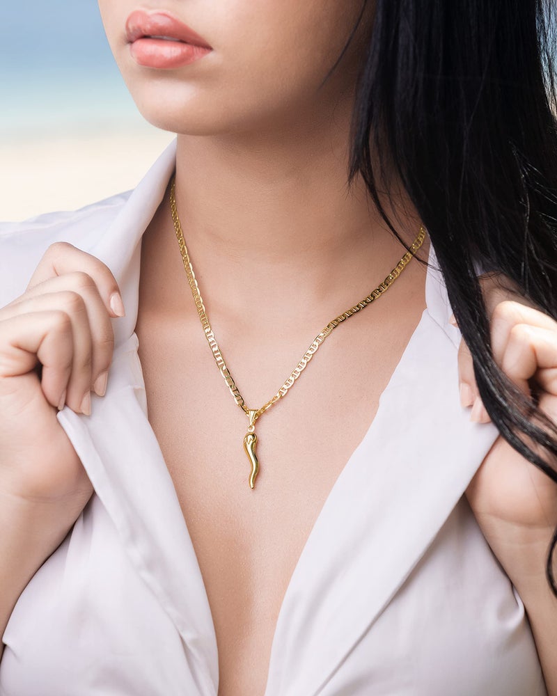 Barzel 18K Gold Plated Flat Marina Chain With Italian Horn Necklace Cornicello - Made In Brazil (24 Inches) - Image 2