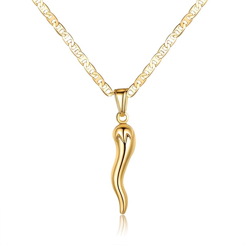 Barzel 18K Gold Plated Flat Marina Chain With Italian Horn Necklace Cornicello - Made In Brazil (24 Inches) - Image 1