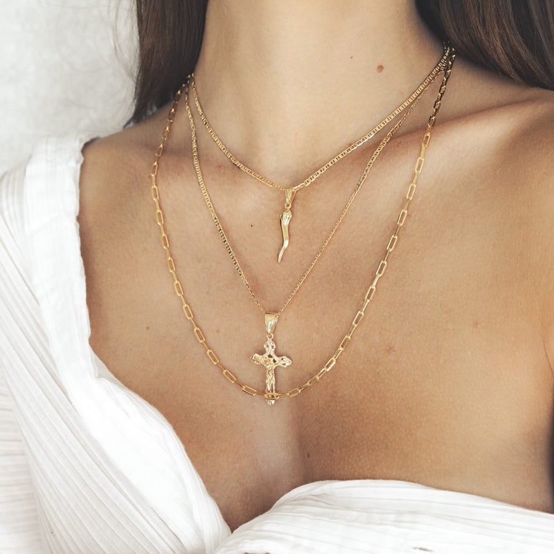 Barzel 18K Gold Plated Flat Marina Chain With Italian Horn Necklace Cornicello - Made In Brazil (24 Inches) - Image 3