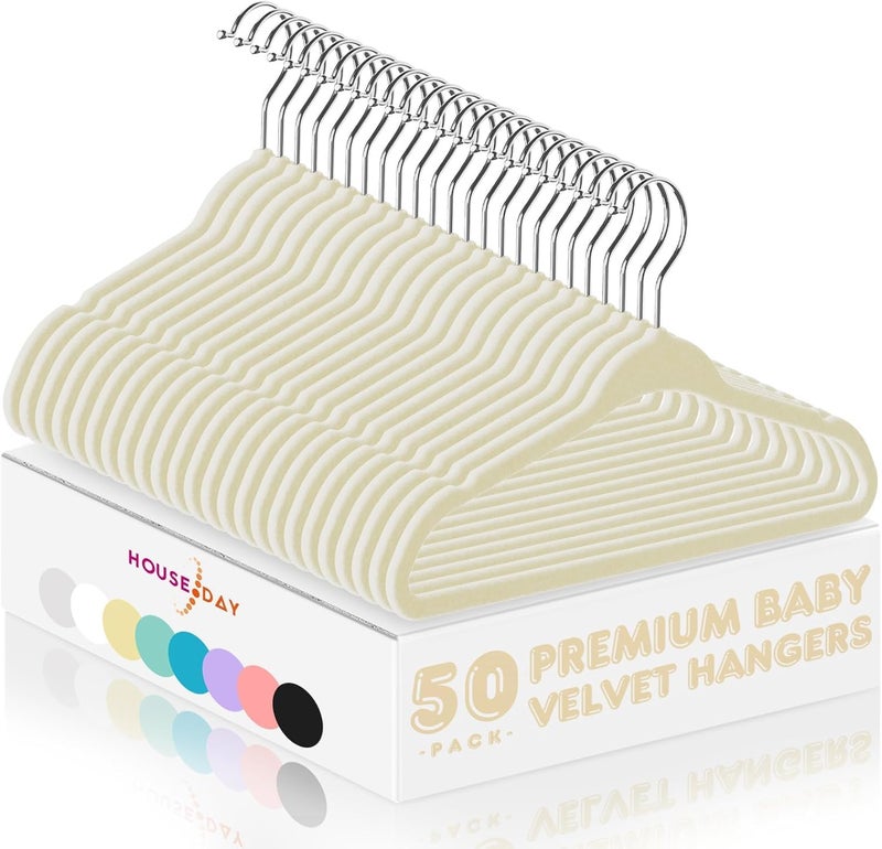 HOUSE DAY 50 Pack Beige Velvet Baby Hangers - Durable Non-Slip Hangers for Infant & Toddler Clothes - Image 1