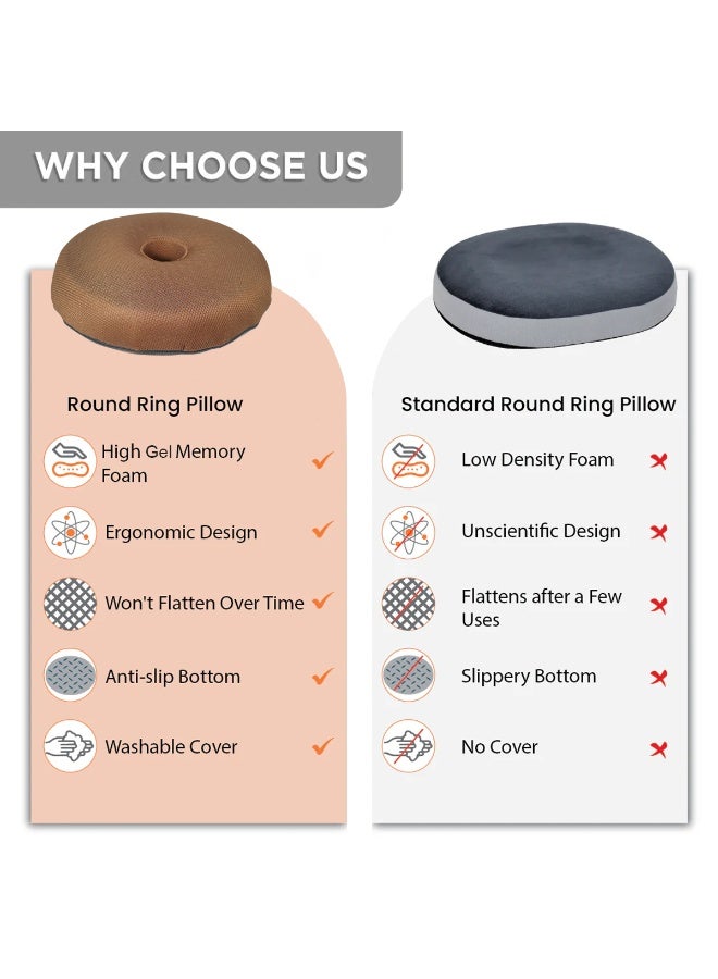 Agc Orthopedic Round Ring Seat Cushion with Gel Memory Foam Donut Pillow for Tailbone Pressure Relief Anti-Slip Base, Washable Breathable Cover For Office Chair, Car Seat, Home, Wheelchair, Travel - RC1014 - Image 5