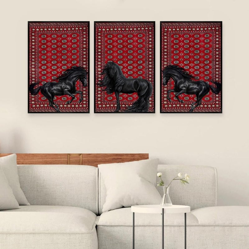 Marktna Three canvas paintings with a horse design and a hollow frame, measuring (150×70), three pieces - Image 2