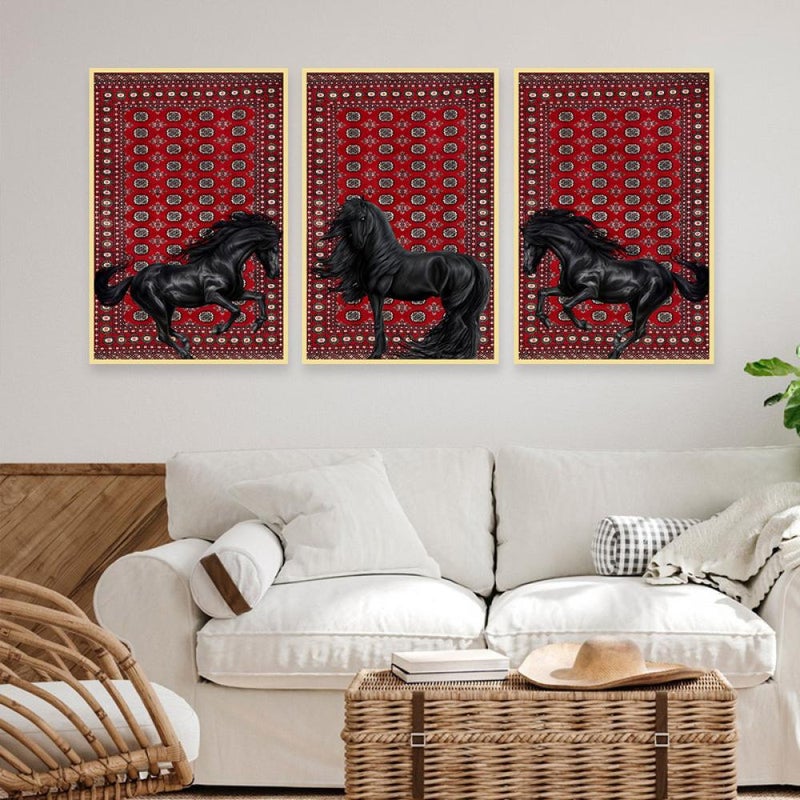 Marktna Three canvas paintings with a horse design and a hollow frame, measuring (150×70), three pieces - Image 1