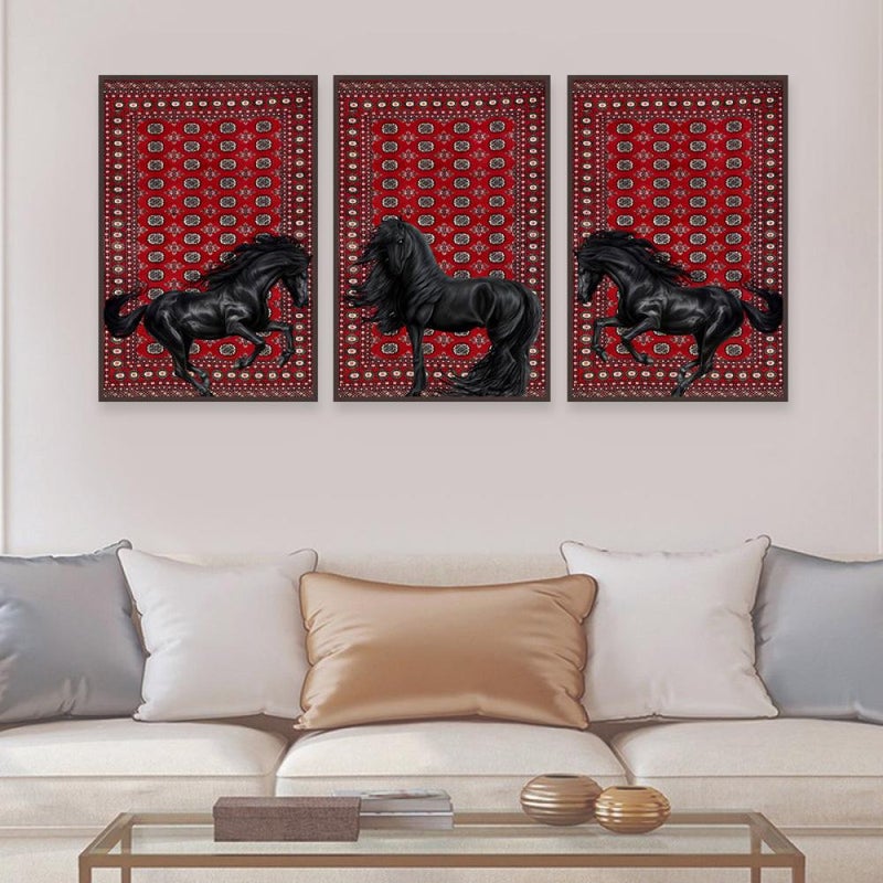Marktna Three canvas paintings with a horse design and a hollow frame, measuring (150×70), three pieces - Image 3