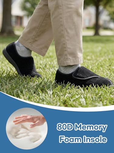 LongBay Men's Memory Foam Diabetic Slippers Comfy Warm Plush Fleece Arthritis Edema Swollen House Shoes (12, Black) - Image 5