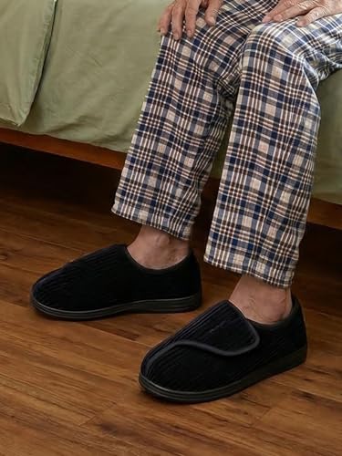 LongBay Men's Memory Foam Diabetic Slippers Comfy Warm Plush Fleece Arthritis Edema Swollen House Shoes (12, Black) - Image 2