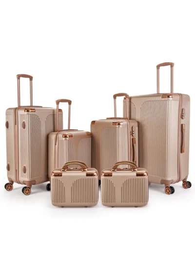 LIMRA Travel Bags 6-piece luggage set from LIMRA in elegant gold color. Crafted from durable yet lightweight pc material, featuring 360° spinner wheels, a telescopic handle, and a built-in lock for secure and effortless travel.