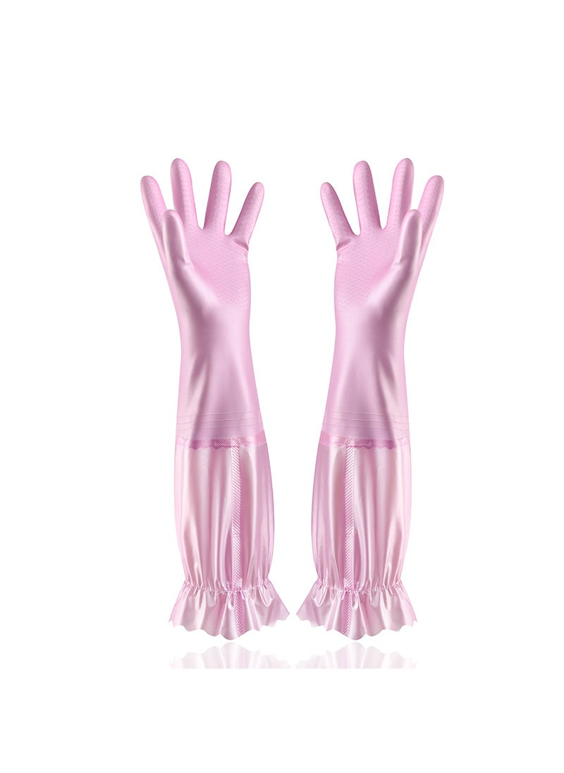 Generic Plush-Lined Latex Gloves for Dishwashing and Cleaning PINK FLOWING BELT 
