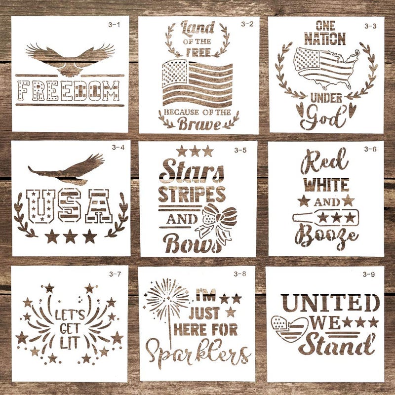 SLGIFT Stencil for PaintingDIY Reusable 4th July Patriotic Decoration American Independent Stencil Template for Crafts Scrabooking Painting on CakeCookie WoodCanvas 159  59 Inch Set of 9