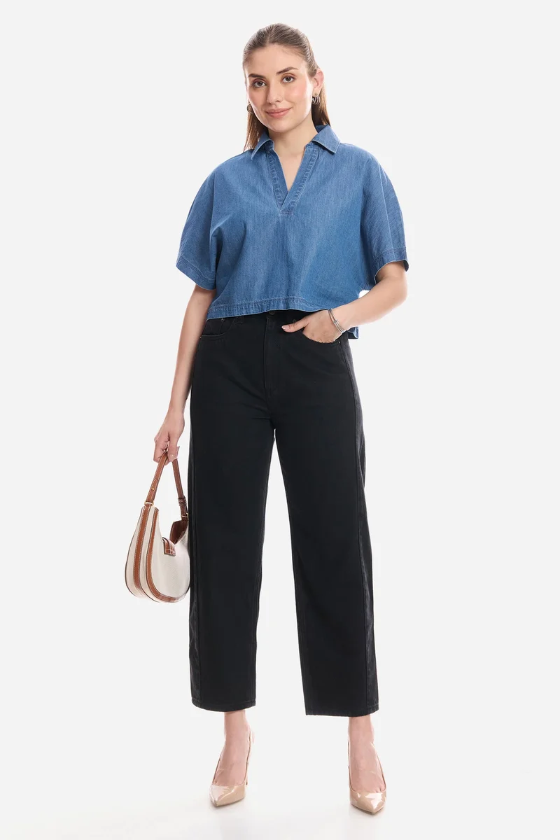 Virgio Solid Cotton Dolman Sleeve Denim Top for Women