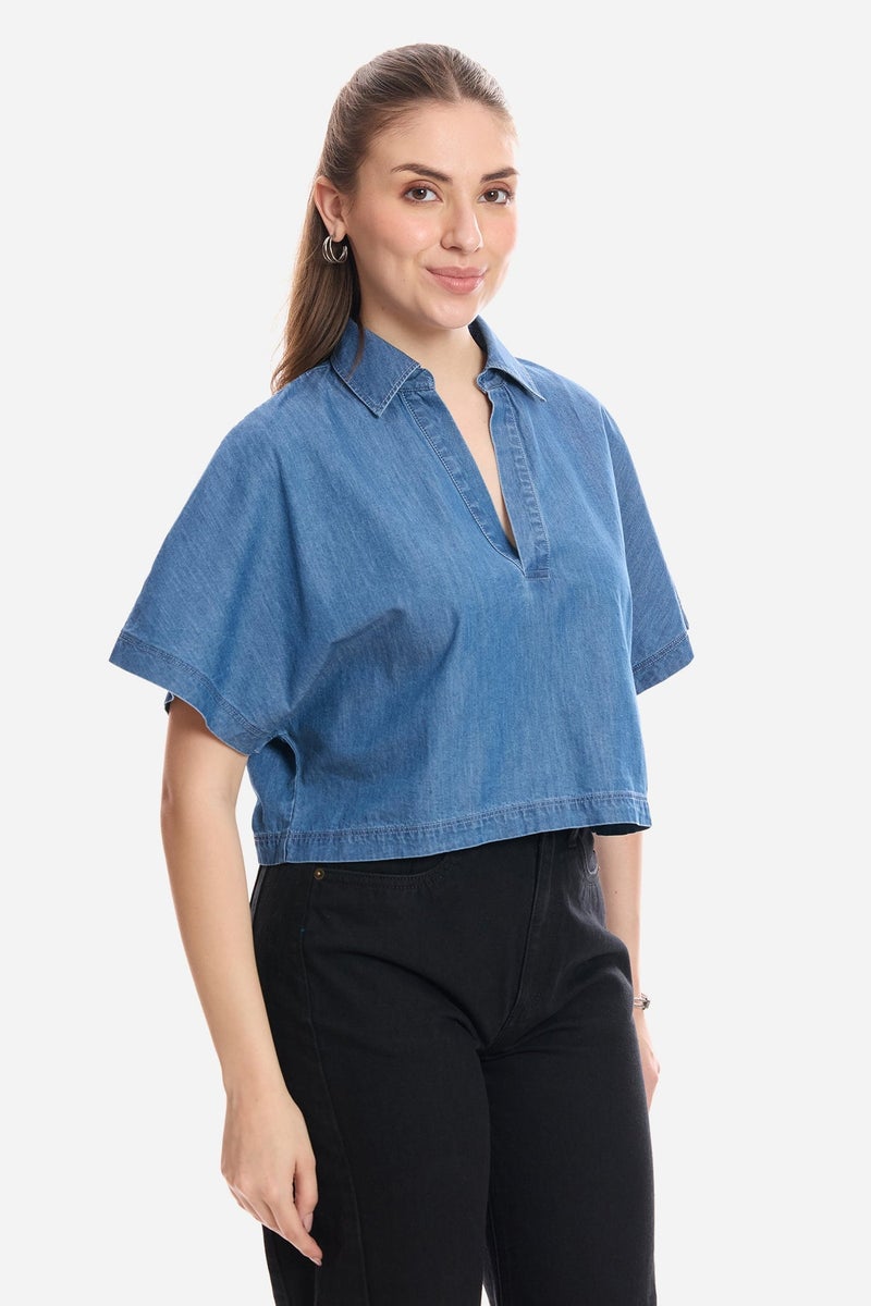 Virgio Solid Cotton Dolman Sleeve Denim Top for Women - Image 4