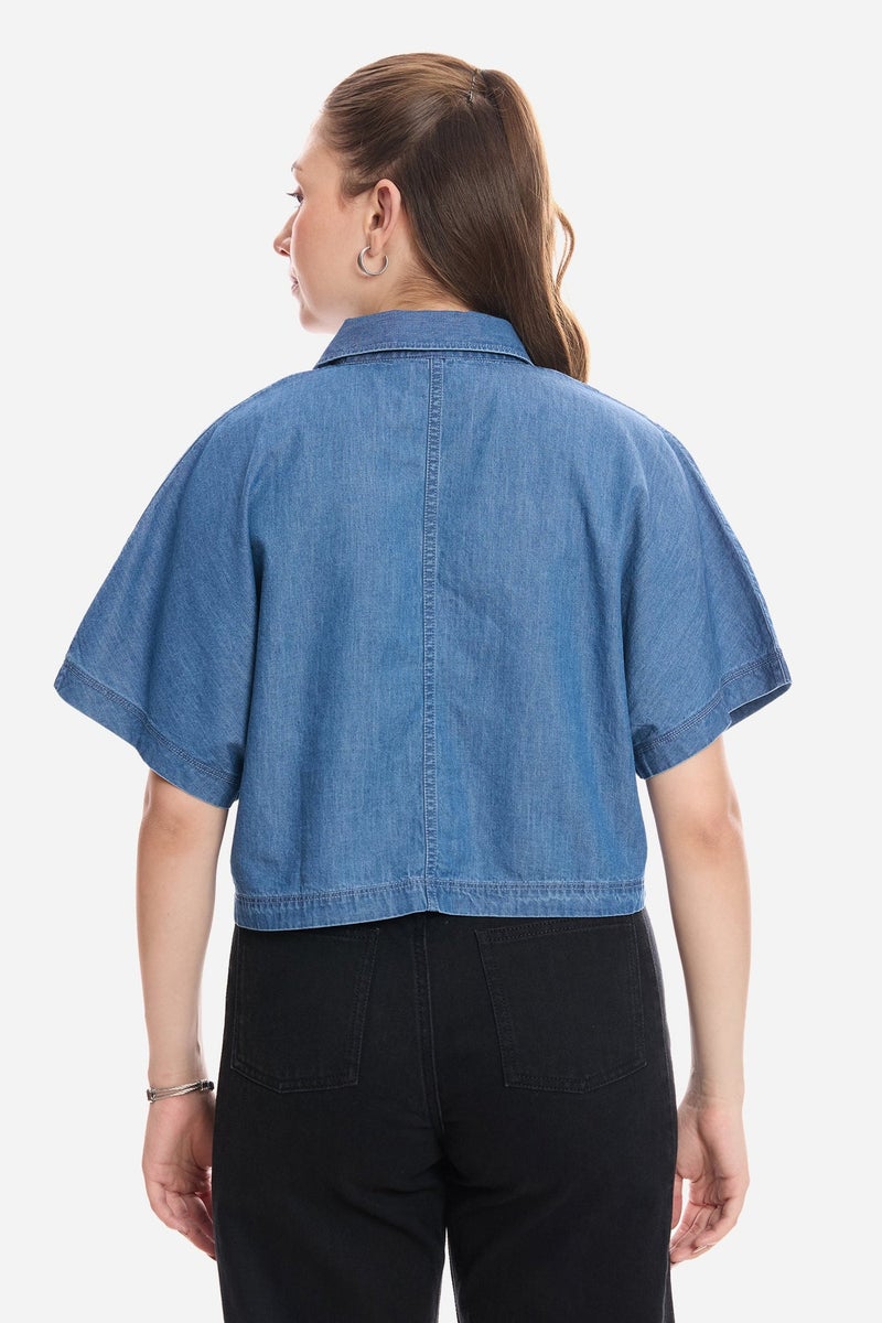 Virgio Solid Cotton Dolman Sleeve Denim Top for Women - Image 5