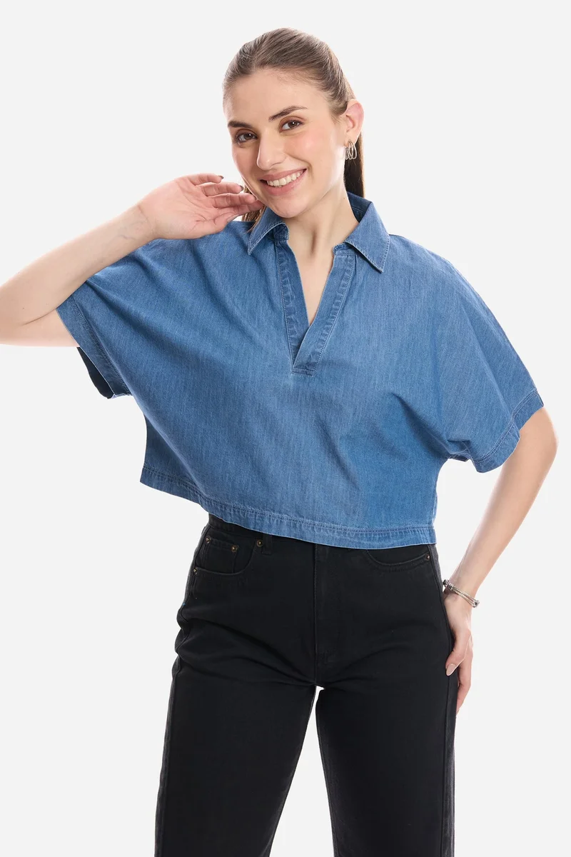 Virgio Solid Cotton Dolman Sleeve Denim Top for Women