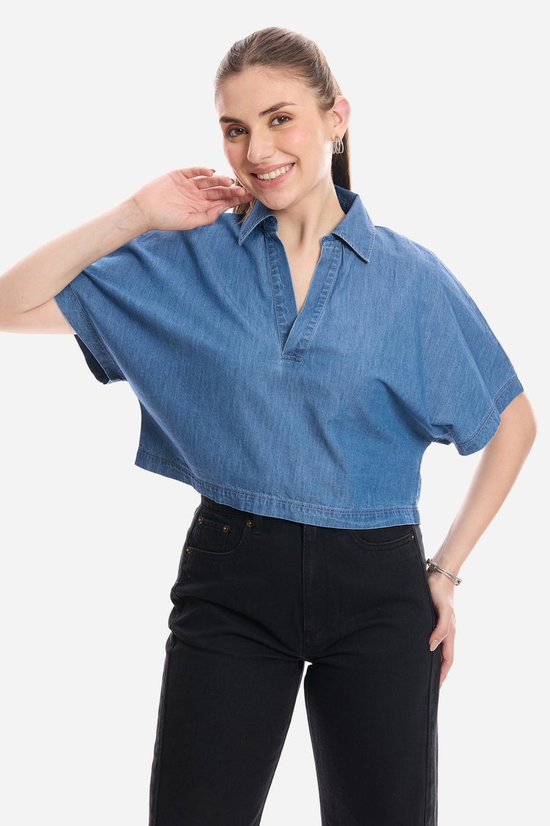 Virgio Solid Cotton Dolman Sleeve Denim Top for Women - Image 1