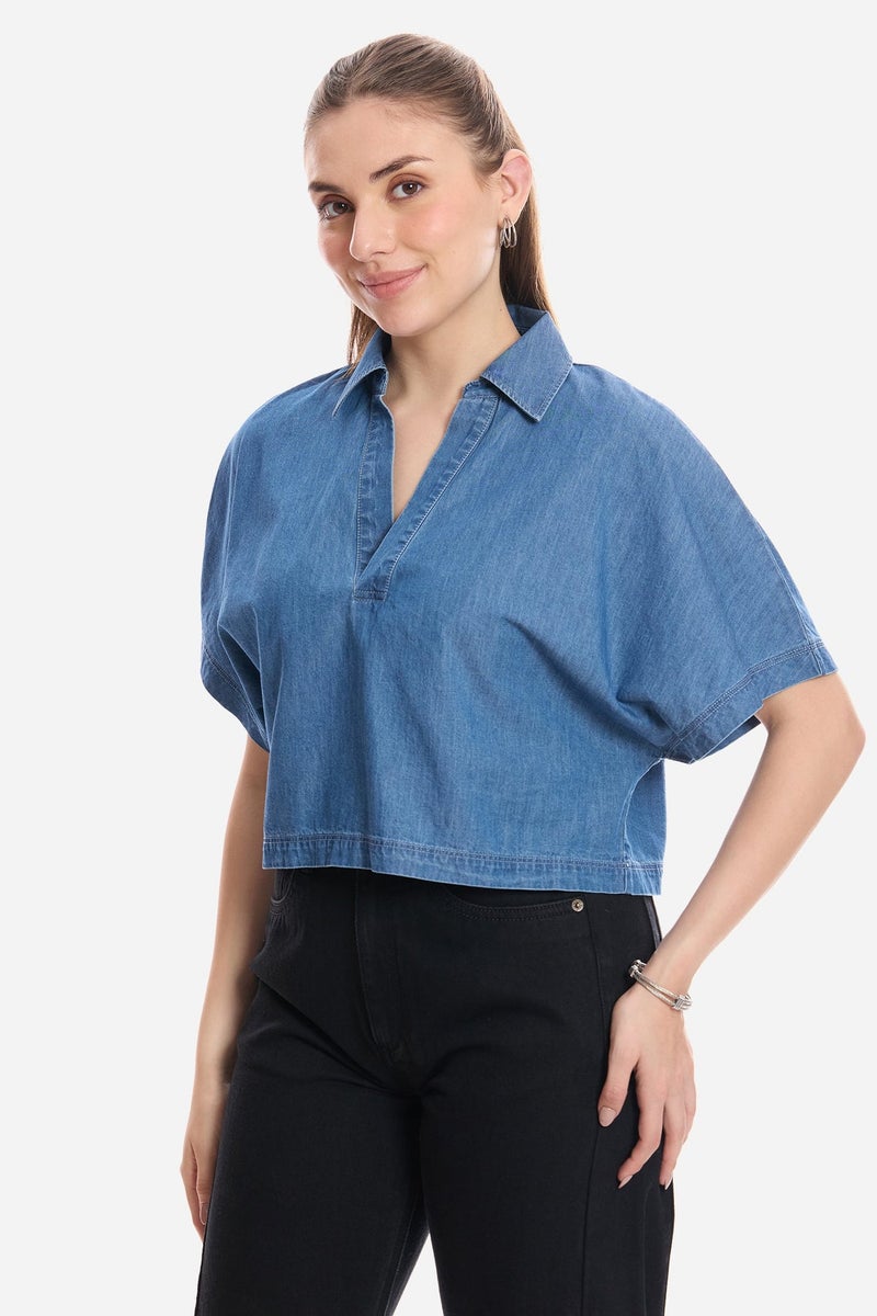 Virgio Solid Cotton Dolman Sleeve Denim Top for Women - Image 3