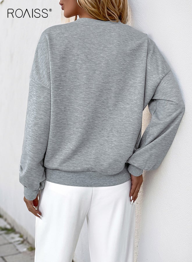 roaiss Women's Elegant Plus Size Casual Hollow Beaded Sweatshirt Fashion Solid Color Oversized Pullover with Intricate Embellishments Soft Comfort Fit for Ladies Grey - Image 5