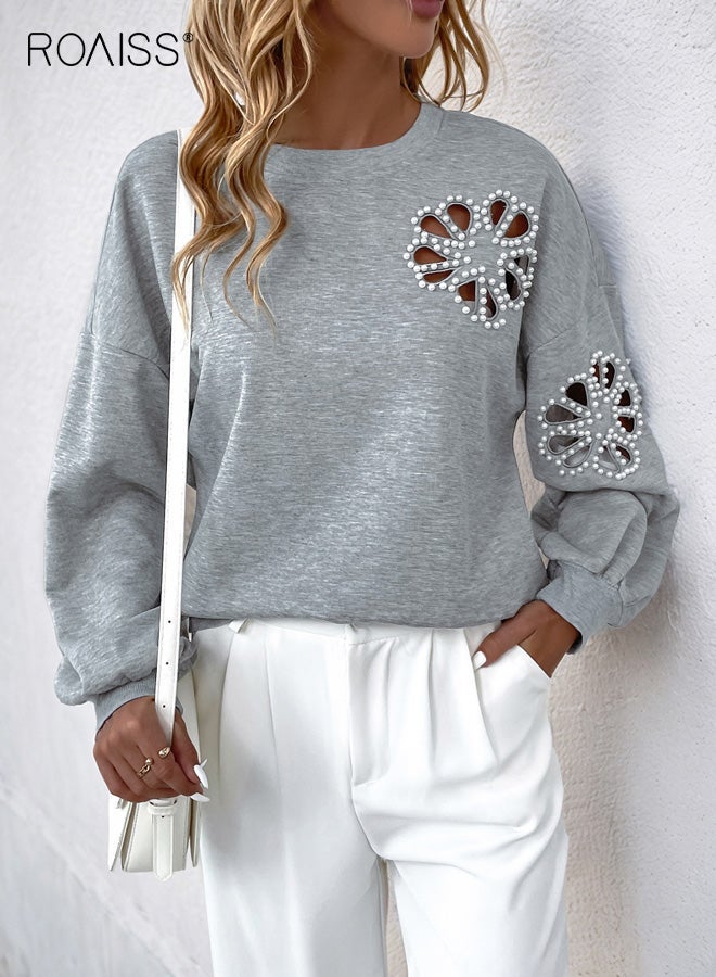 roaiss Women's Elegant Plus Size Casual Hollow Beaded Sweatshirt Fashion Solid Color Oversized Pullover with Intricate Embellishments Soft Comfort Fit for Ladies Grey - Image 2