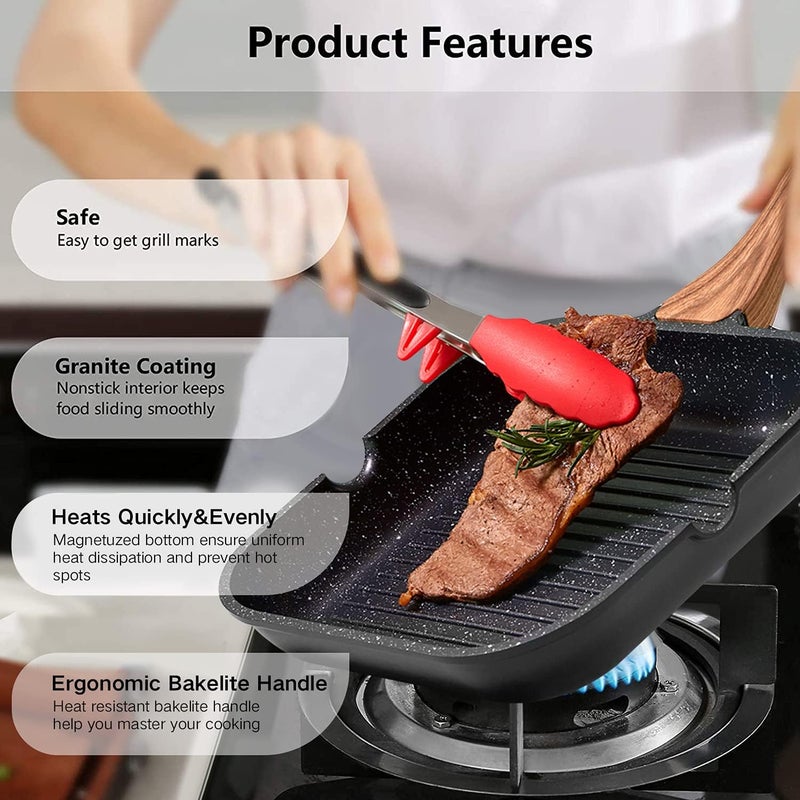 Angju Nonstick Grill Pan for Stove Tops with Pour Spouts Induction Compatible, Granite Coating, 10 inch(25cm), black - Image 4