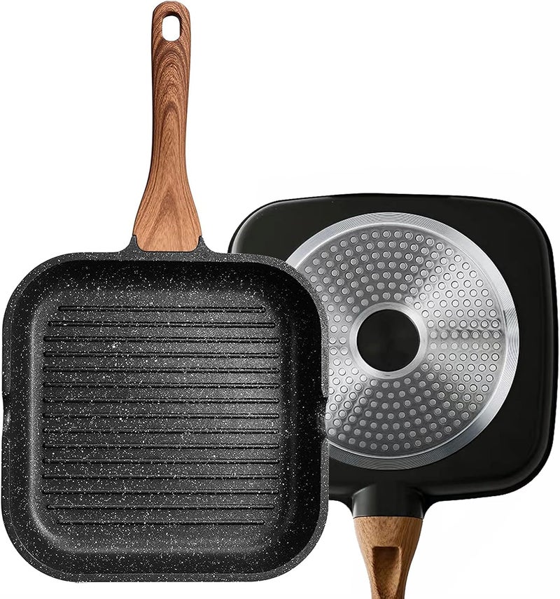 Angju Nonstick Grill Pan for Stove Tops with Pour Spouts Induction Compatible, Granite Coating, 10 inch(25cm), black - Image 1